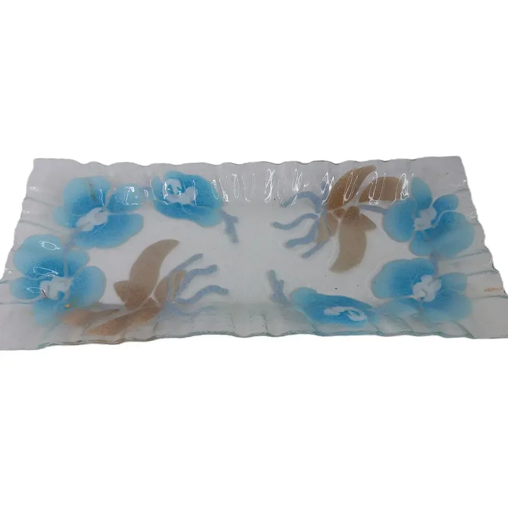 Vtg SYD Sydenstricker Blue Brown Floral Rectangular Ruffled Fused Glass Tray